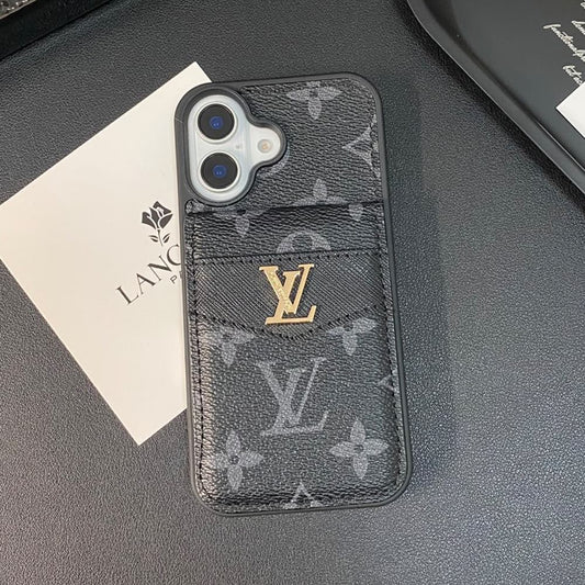 Flip Card Holder iPhone Case for iPhone 16 & 17 Series – Monogram Print with Gold Detail