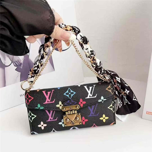 Scarf Chain Handle Wallet Case for iPhone 16 & 17 Series – Multicolor Monogram Cover